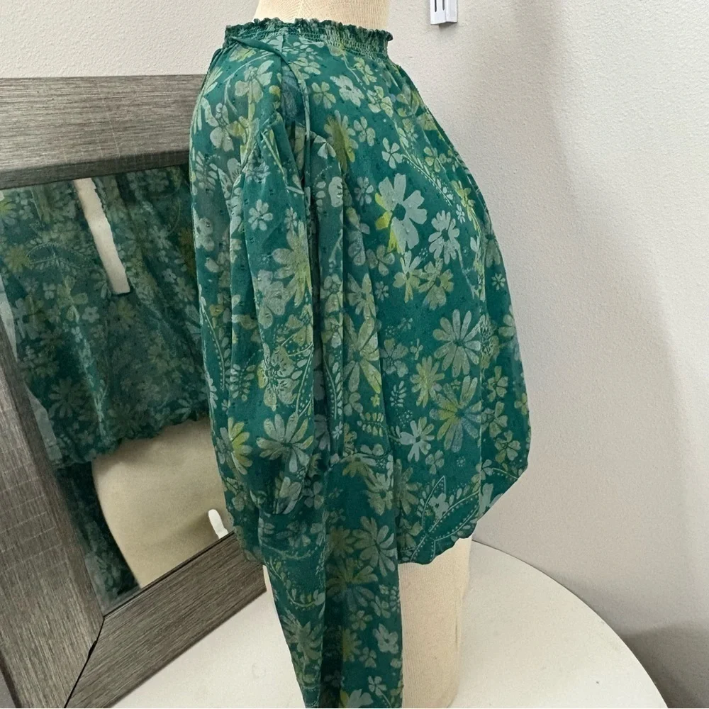 Free People Green Puff Sleeve Ruffled Blouse
